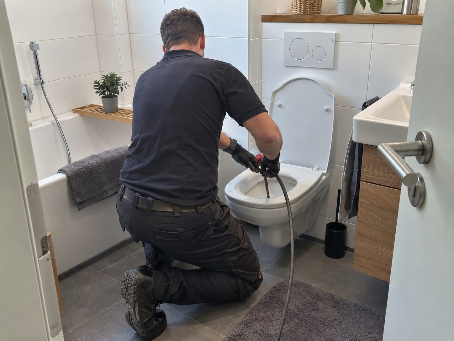 Mitarbeiter des Fachbetriebs bei der Rohrreinigung an einer Toilette